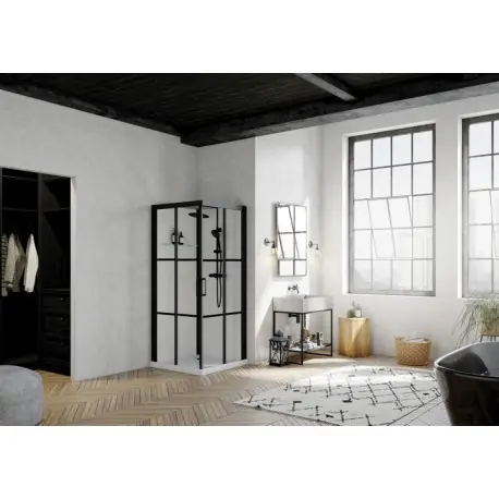 Cabine Brooklyn noir clt, 90x90 verre sérigraphié 2 bandes , thermo - KINEDO CA250N2BHE