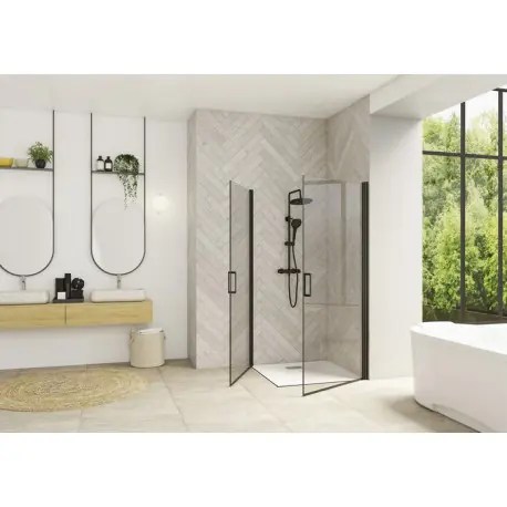 Smart Design porte pivotante angle sans seuil 75 profilé noir verre transparent - KINEDO PA90171NTNE