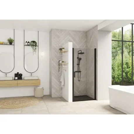 Smart Design porte pivotante sans seuil 70 profilé noir verre transparent - KINEDO PA9040NTNE