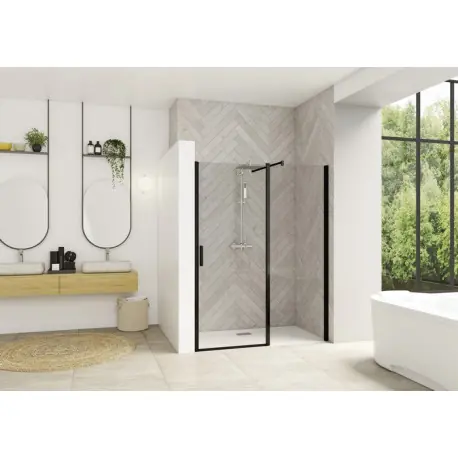 Smart Design porte pivotante XXL sans seuil 160 profilé noir verre transparent - KINEDO PA9055NTNE