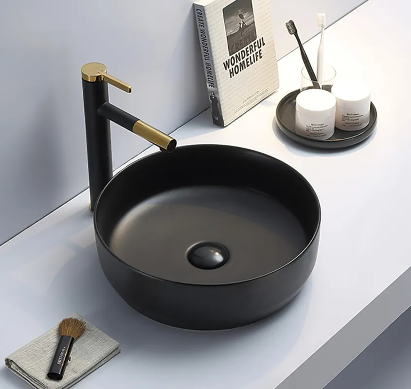 Set vasque à poser 39x39x12cm sans trop-plein + bonde à écoulement libre Infinitio noir mat SetSATINF-noir
