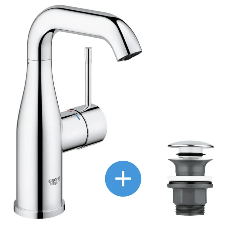 Essence Set Mitigeur monocommande 1/2" Lavabo Taille M + Bonde clic clac Grohe pour lavabo avec trop-plein (23463001-CLICCLAC)