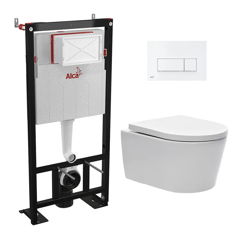 Set bati support autoportant + WC suspendu sans bride, fixations invisibles + plaque double touche blanche (AlcaSATrimless-4)
