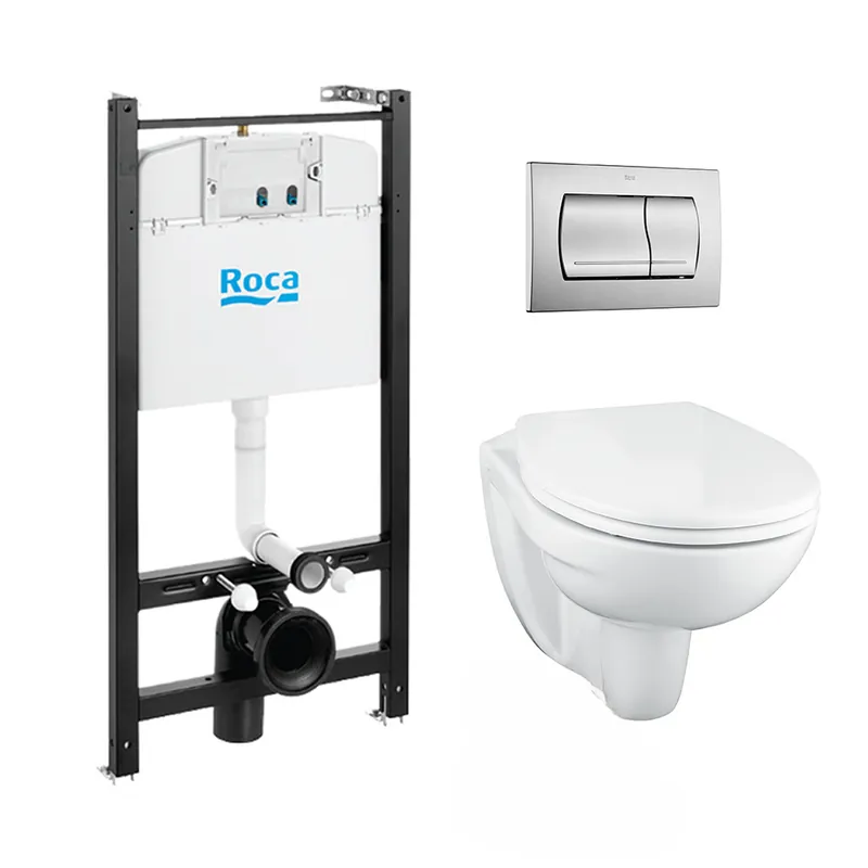 Pack Bâti-support ROCA ACTIVE + WC suspendu Porcher sans bride + plaque de commande chrome mat