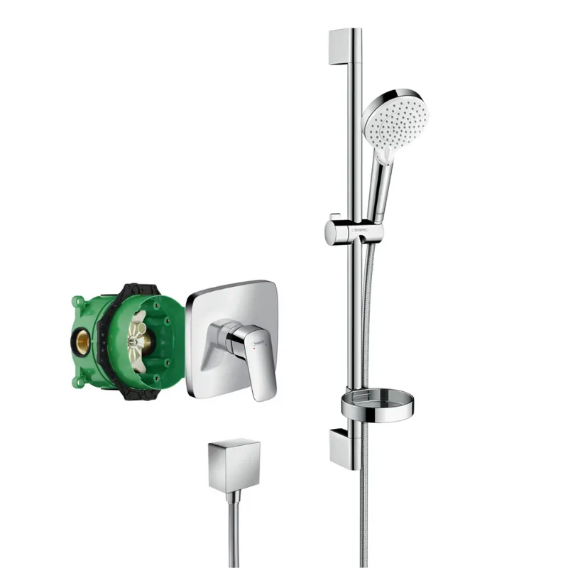 Logis Pack Mitigeur encastré + Fixfit Square + Barre de douche + Porte-savon + Douchette à main, Chrome (71605000-Crometta2)