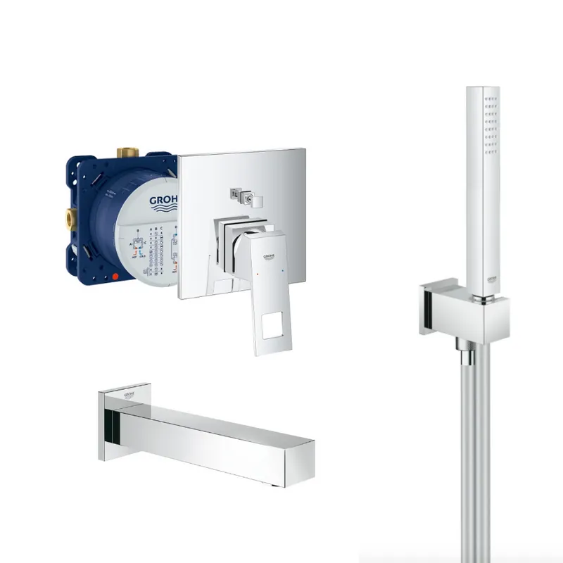 Eurocube Set Mitigeur mécanique et corps d‘encastrement + Bec bain StarLight + Douchette stick 1 jet, Chrome (24062cube-Bain)