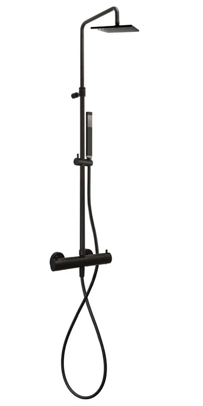 B-Way Colonne de douche + Mitigeur thermostatique + Douchette + Flexible + Douche de tête, Noir mat (SATBWSST)