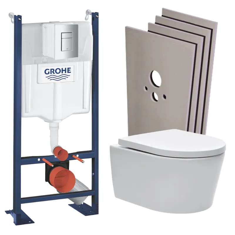Pack WC bâti autoportant + WC Swiss Aqua Technologies sans bride + Plaque chrome + Set habillage (ProjectSATrimless-1-sabo)