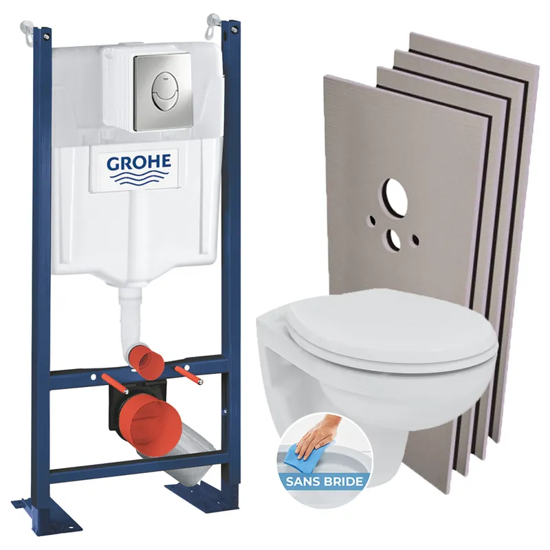 Pack WC Bâti autoportant + Cuvette Porcher rimless + Abattant + Plaque chrome + Set Habillage (ProjectPorcher-2-sabo)