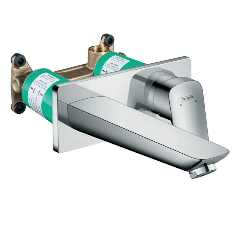 Logis Set Mitigeur lavabo encastré mural Chrome Bec 195mm + Bonde à écoulement libre + Corps encastré (71220000-SET)