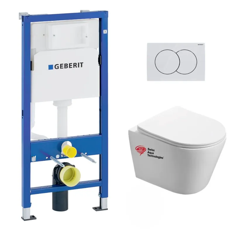 Pack WC Bati-support Geberit + WC Swiss Aqua Technologies Infinitio sans bride + Plaque Blanc alpin (InfinitioGeb1)