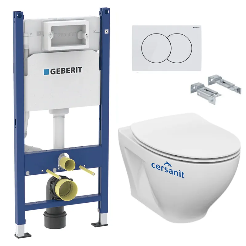 Pack WC Bati-support Geberit avec Cuvette Cersanit Dormo sans bride + Plaque blanche (DormoGeb3)