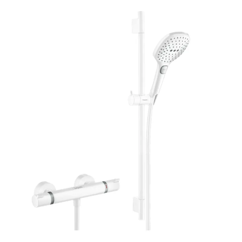 Set de douche Mitigeur Comfort + Barre de douche Unica 65cm + Douchette 3 jets Raindance 120 Select E, Blanc mat