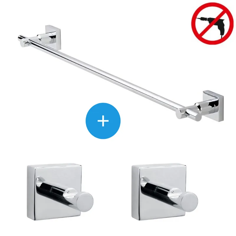 Hukk Set Barre porte-serviette murale + 2 crochets porte-serviette, pose facile sans perçage, Chrome (40250-TRIOTESA2)
