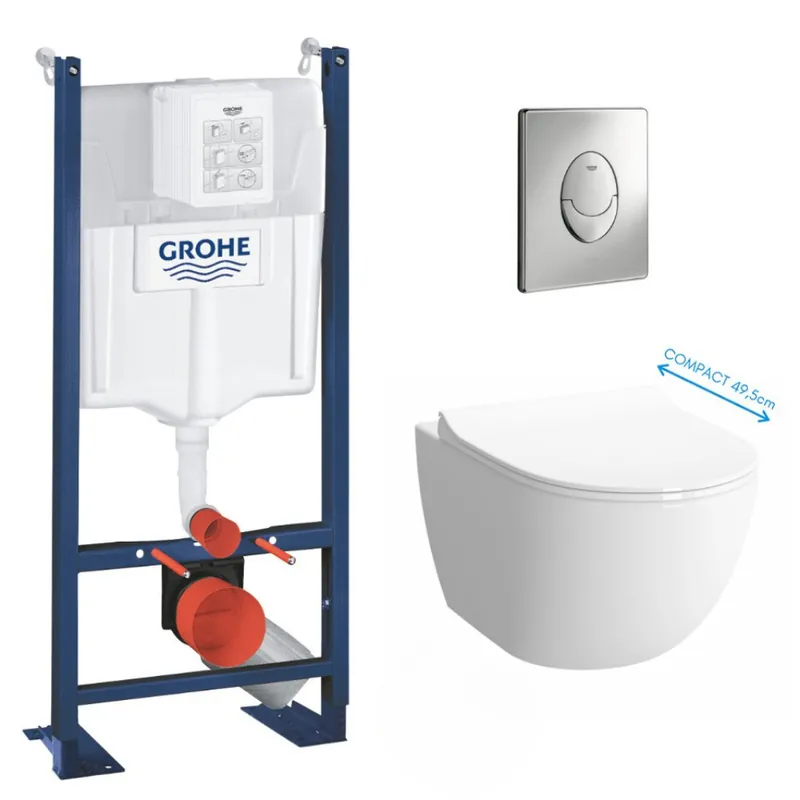 Pack WC Bâti Rapid SL Autoportant + Cuvette Vitra Sento compacte + Abattant soft close + Plaque chrome (ProjectSentoCompact-2)