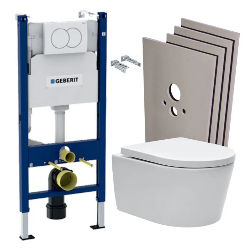 Pack Bati-support Geberit 112cm + Cuvette Swiss Aqua Technologies sans bride + Plaque blanche + Set habillage