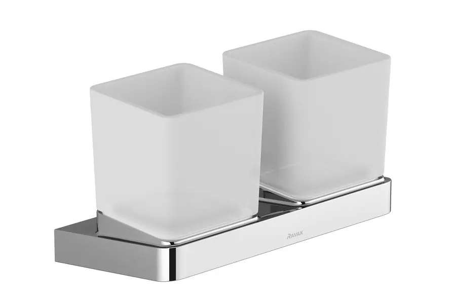 10° Porte brosse à dent 2 verres, fixation murale, en verre dépoli avec support en métal, Chrome (X07P322)