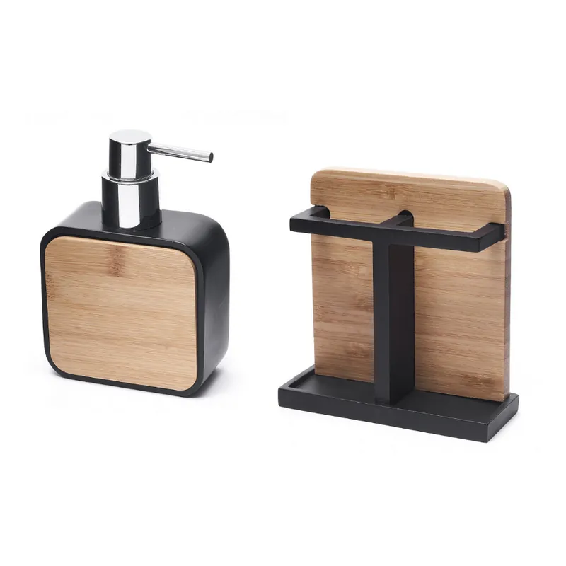 Hombre Set salle de bain avec Porte-brosse à dents + Distributeur de savon en polyrésine et bois de bambou, Noir (HOM-SET1)