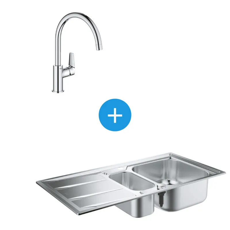 K400 Kit évier acier inoxydable avec égouttoir réversible et vide-sauce + Mitigeur monocommande col de cygne (31567SD0-SET)