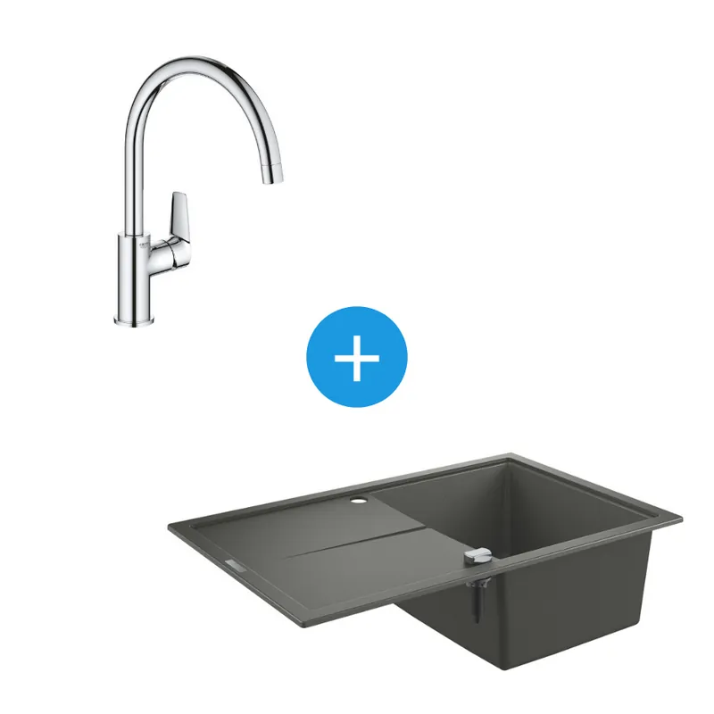 Set Evier K400 en quartz composite avec égouttoir réversible 780x500 mm, Gris granite + Mitigeur monocommande