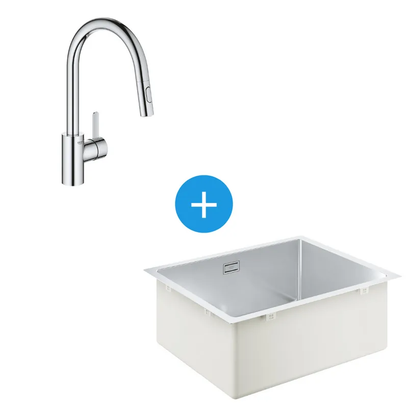 Kit Evier cuisine K700 sous-plan 540x440mm Acier inoxydable + Mitigeur douchette extractible 2 jets (31574SD1-SET5)