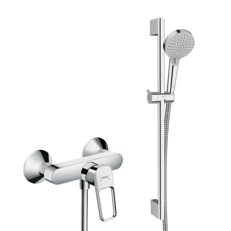 Set de douche Mitigeur Logis + Douchette Vernis 2 jets + Barre de douche, Chrome (71247000-Vernis)
