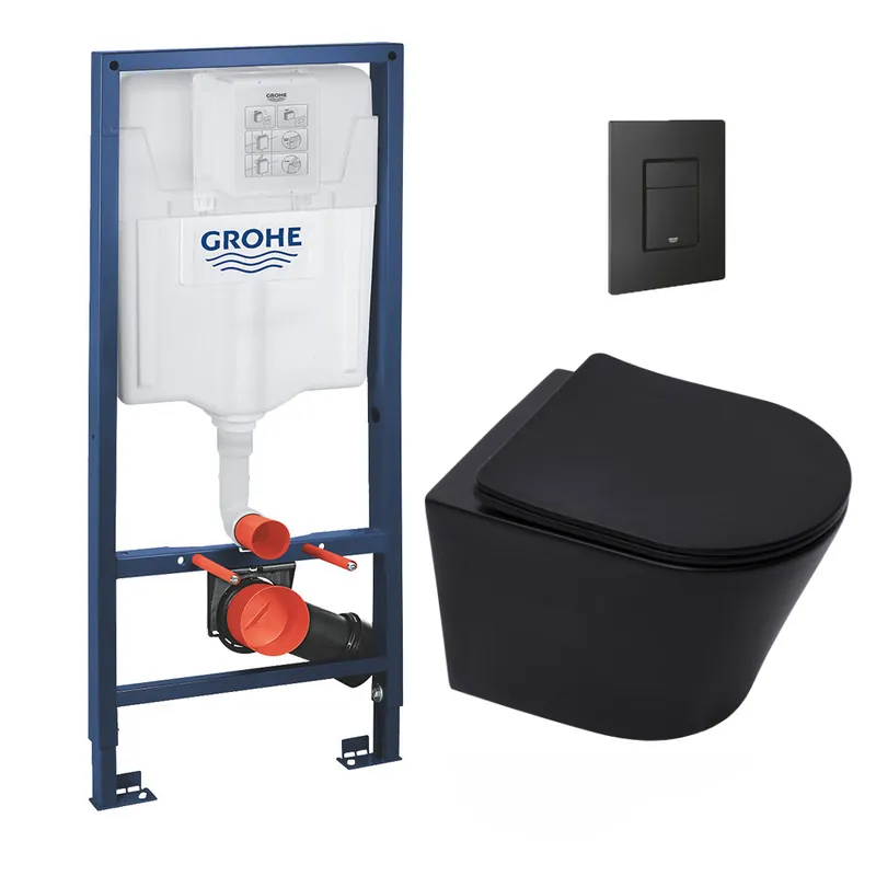 Pack WC Bâti-support Rapid SL + WC Infinitio sans bride noir mat + Abattant softclose + Plaque noire mat
