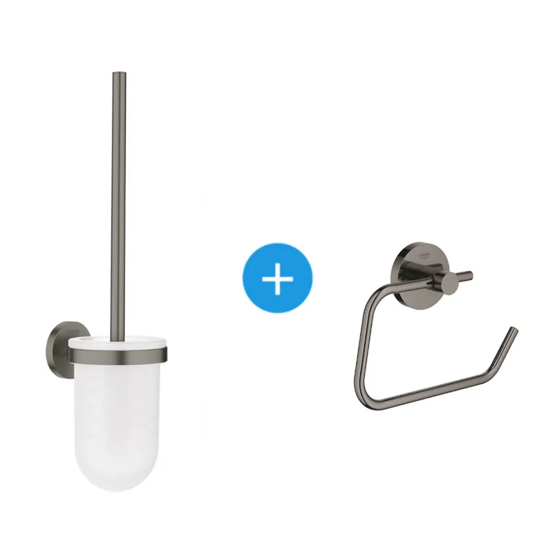 Essentials Set d‘accessoires WC avec Porte balai WC + Dérouleur de papier mural, Hard Graphite brossé (40374AL1-Essentials)