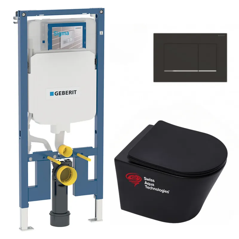 Pack WC Bati-support Geberit + WC suspendu sans bride Swiss Aqua Technologies + Abattant SoftClose + Plaque noire mat/chrome