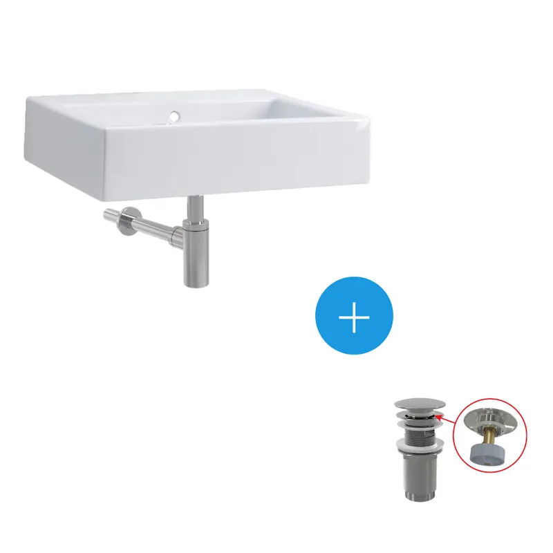 Ensemble Lavabo suspendu Twins 60x46cm + Bonde clic-clac + Siphon de lavabo, Chrome (L51160000-SET)