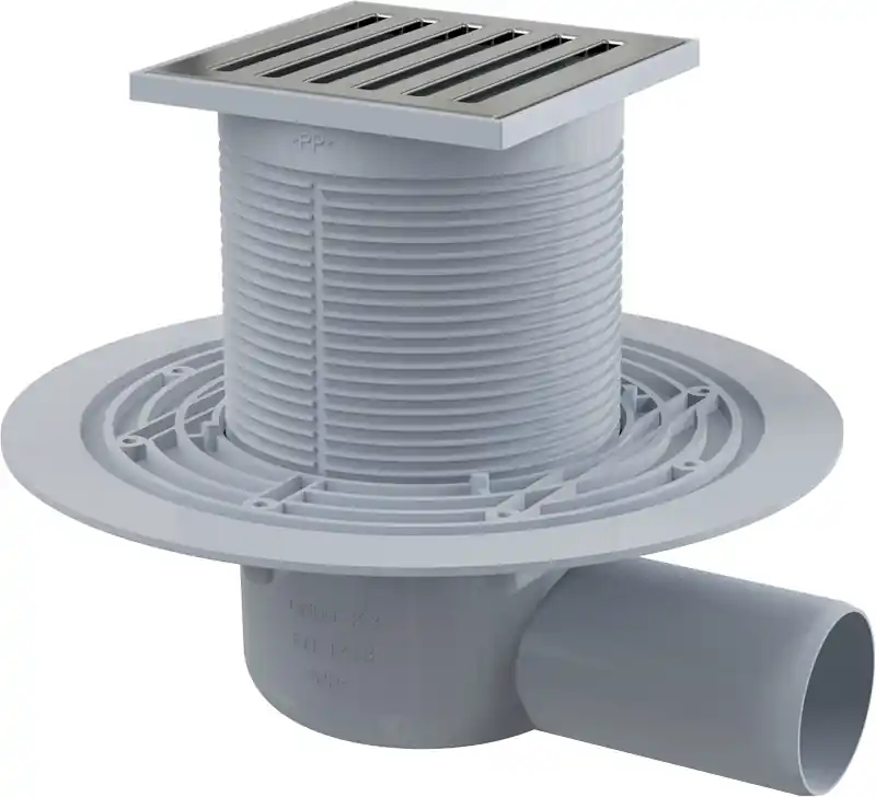 Siphon de sol 105 × 105/50 mm côté, grille en acier inoxydable, siphon d‘eau (APV103)