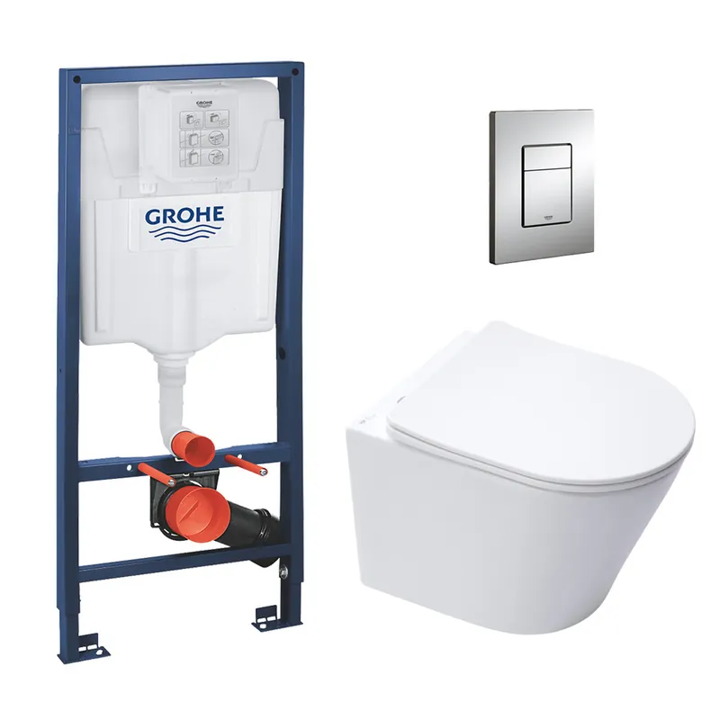 Pack WC Bâti-support + Cuvette SAT Infinitio sans bride blanc mat + Abattant frein de chute + Plaque Chrome