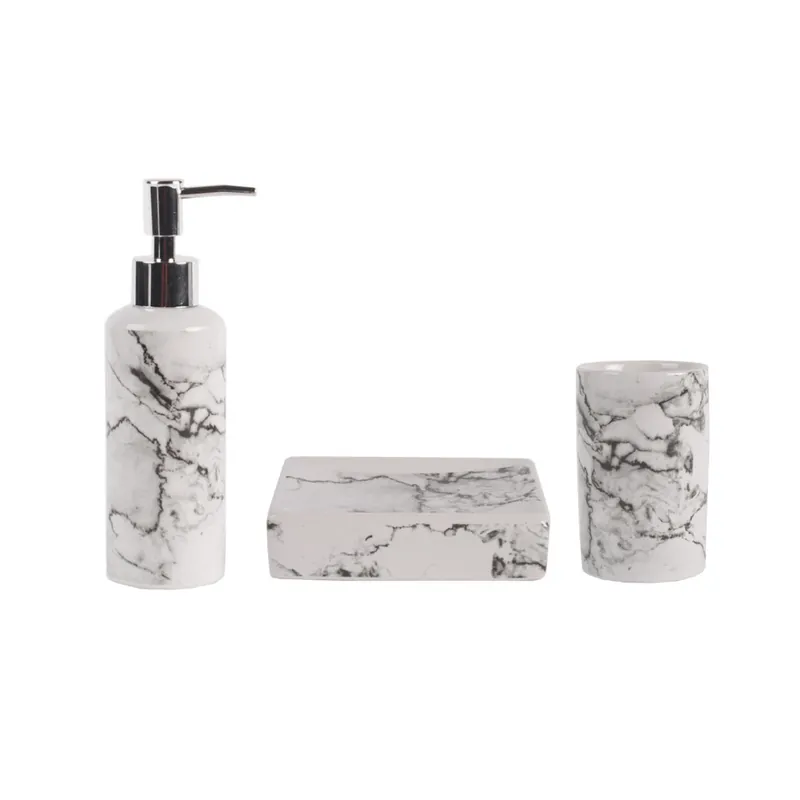 Marmo Set d‘accessoires de salle de bain Distributeur de savon + Porte savon + Gobelet, Aspect marbre (Marmo-SET)