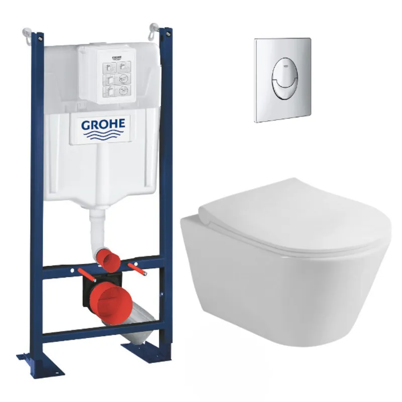 Pack WC Bâti-support autoportant + WC sans bride Lucco Avva + Abattant softclose + Plaque Chrome (ProjectAvva-2)