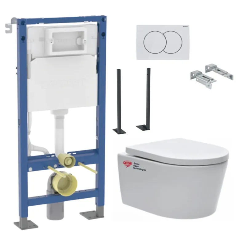Pack WC bâti-support autoportant Geberit + WC sans bride Swiss Aqua Technologies + plaque (SATRIMLESSGEBX-BP)
