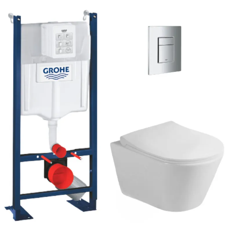 Pack WC Bâti-support autoportant + WC sans bride Lucco Avva + Abattant softclose + Plaque Chrome (ProjectAvva-1)
