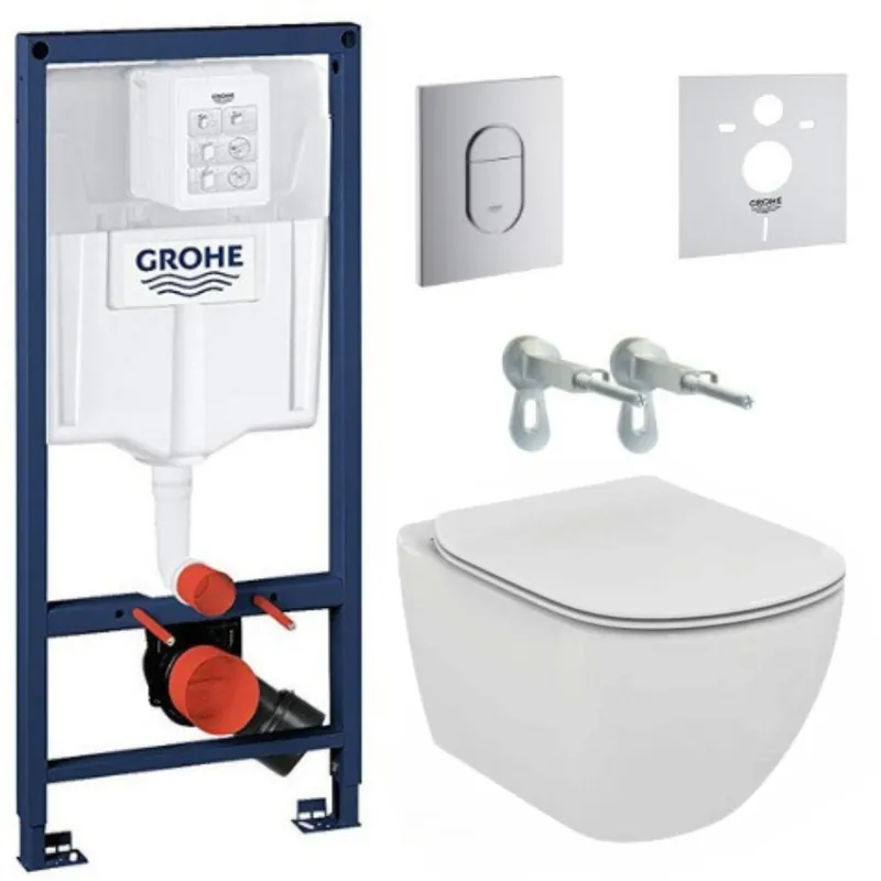 Pack WC Bâti-support + WC suspendu Ideal Standard Tesi Aquablade + Abattant slim avec frein de chute + Plaque Arena Chrome