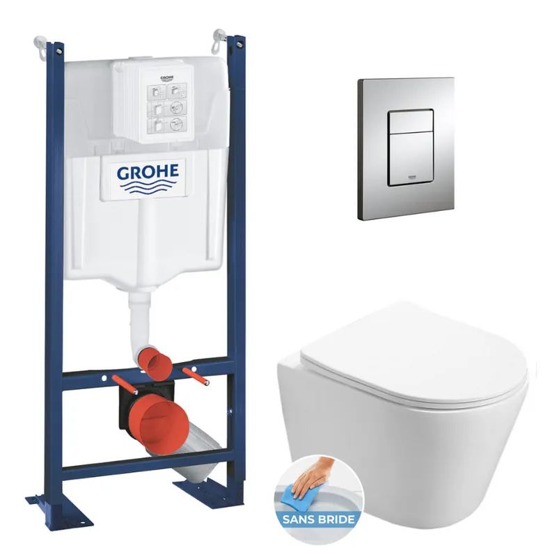 Pack WC Bâti autoportant + WC sans bride Infinitio + Abattant softclose + Plaque chrome + Set d‘isolation phonique