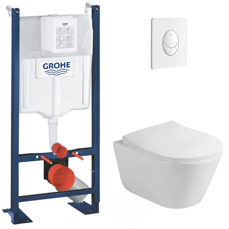 Pack WC Bâti-support autoportant + WC sans bride Lucco Avva + Abattant softclose + Plaque blanche (ProjectAvva-3)