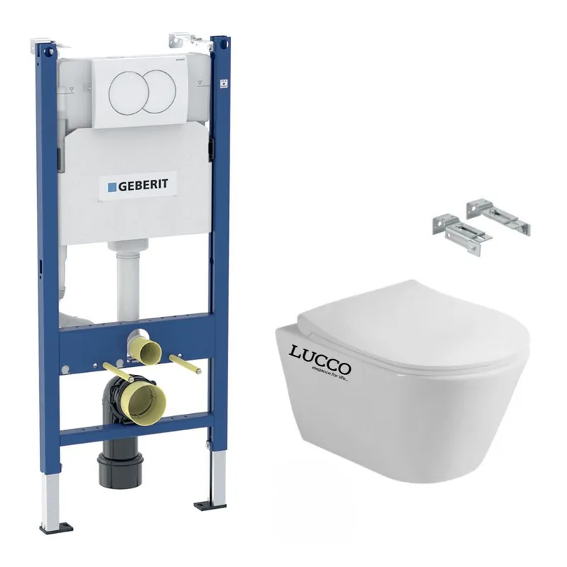 Pack WC Bati-support Geberit + WC sans bride Avva + Abattant SoftClose + Plaque blanche + Set d‘isolation phonique (AvvaGeb3SET)
