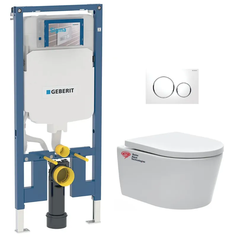 Pack WC bati-support Geberit + WC Swiss Aqua Technologies sans bride + abattant + plaque blanche (SLIMSATCBP)