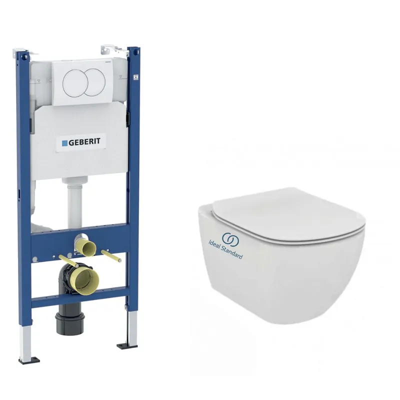 Pack WC Bati-support Geberit Duofix + WC sans bride Ideal Standard Tesi Aquablade + Abattant slim softclose + Plaque + Set d‘iso