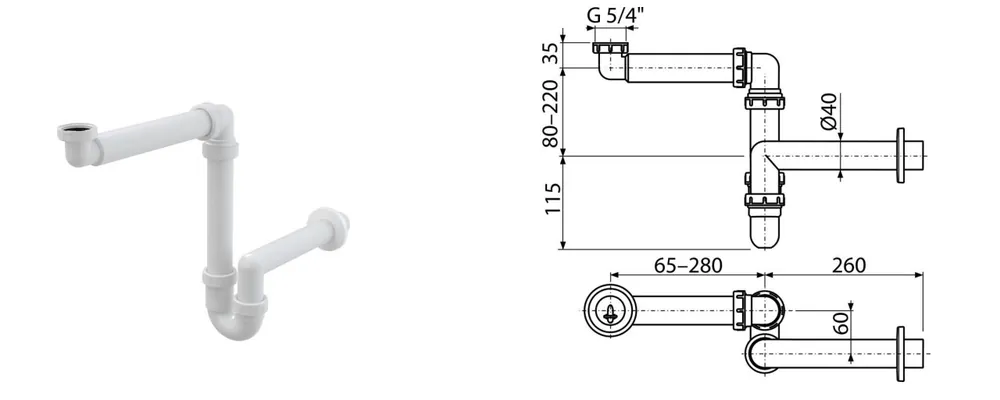 Siphon gain de place pour lavabo 5/4" x DN40 blanc AlcaPlast (A434)