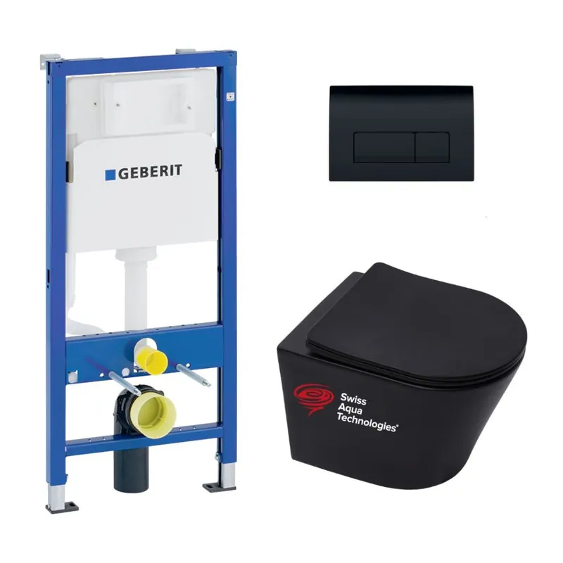 Pack WC bati-support Geberit + WC sans bride Swiss Aqua Technologies + abattant SoftClose + plaque noire (BLINFIGEB7)