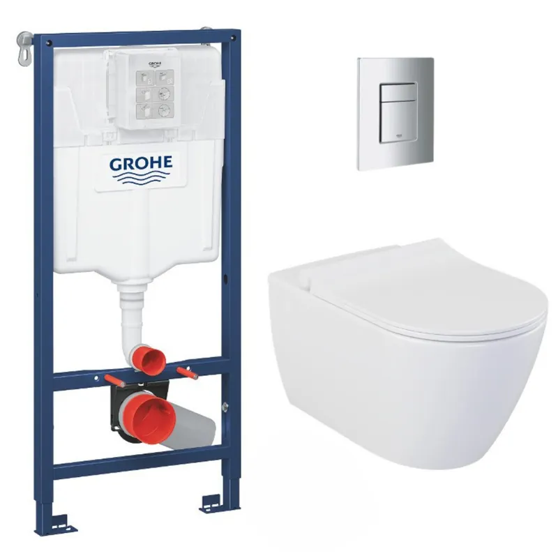 Pack WC Bâti support Rapid SL + WC sans bride Bello + Abattant softclose + Plaque chrome mat (RapidSL-Bello-5)