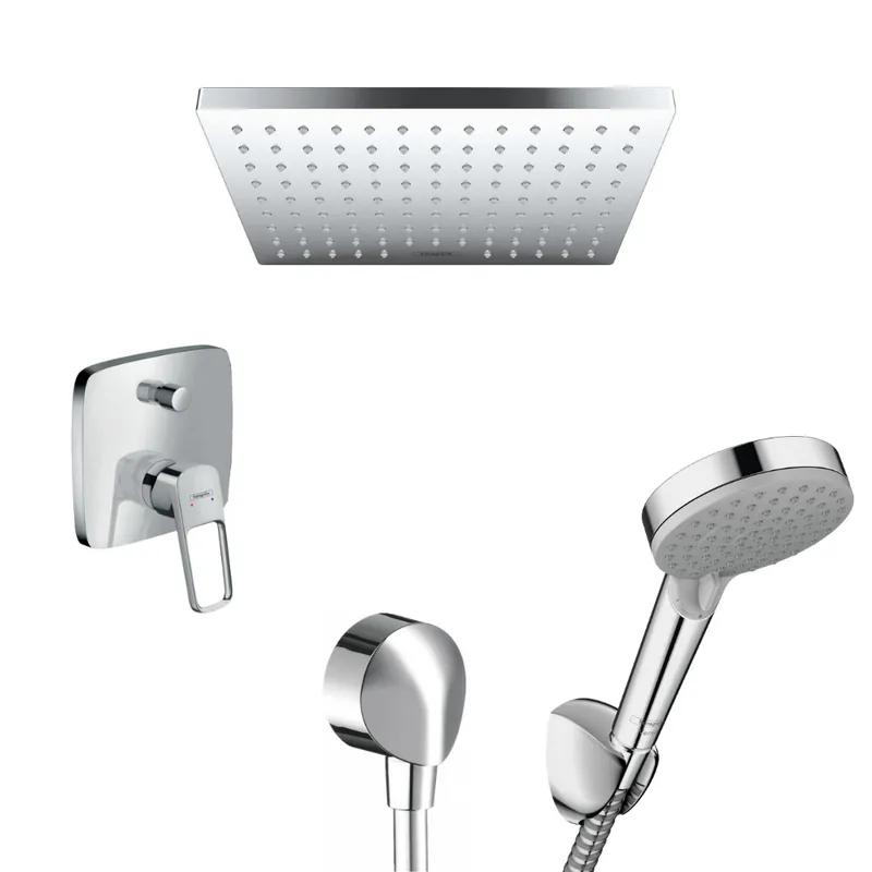 Logis Loop Set de douche encastré avec mitigeur monocommande, douche de tête carré, douchette 2 jets, et bec déverseur, Chrome