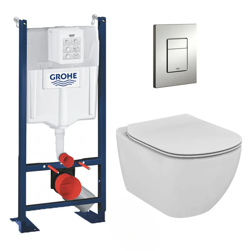Pack WC Bâti Autoportant Rapid SL + WC sans bride Tesi + Abattant softclose + Plaque chrome (ProjectTesi-5)