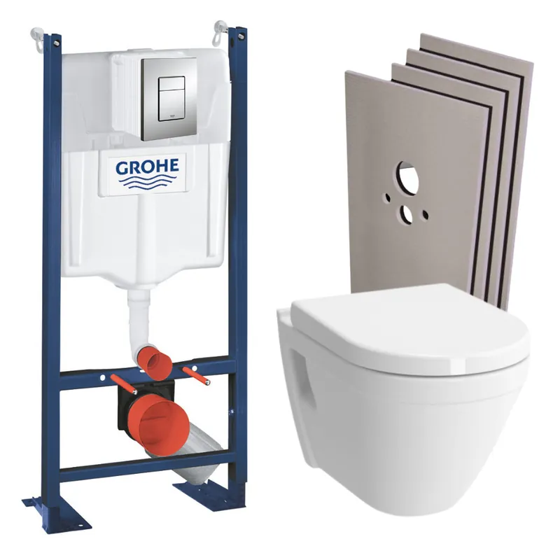 Pack WC Bâti Autoportant Rapid SL + WC suspendu Vitra S50 + Abattant softclose + Plaque chrome mat + Set habillage
