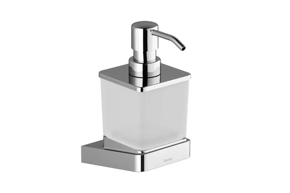 10° Distributeur de savon mural, en verre dépoli avec support en métal, Chrome (X07P323)