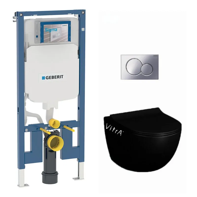Pack WC Bati-support Geberit extra-plat UP720 + WC Vitra Sento sans bride noir mat + Fixations cachees + Abattant softclose + Pl